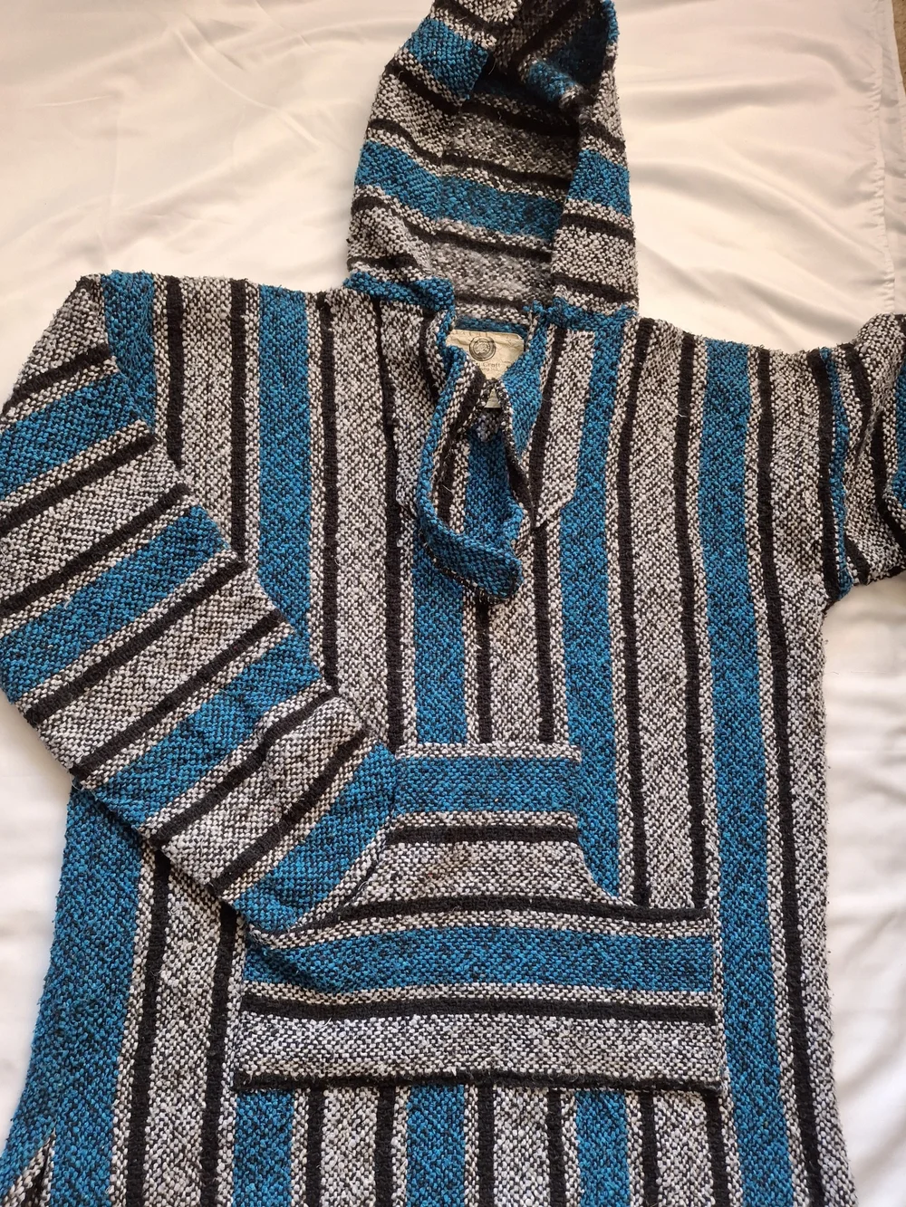 Oxxi Craft Mexican Baja Hoodie Turquoise Black Gray Woven Pullover